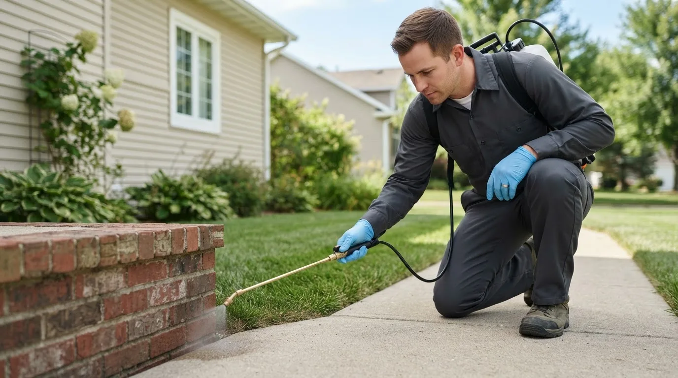 Pest control technician treating a home near West Newfield, ME
